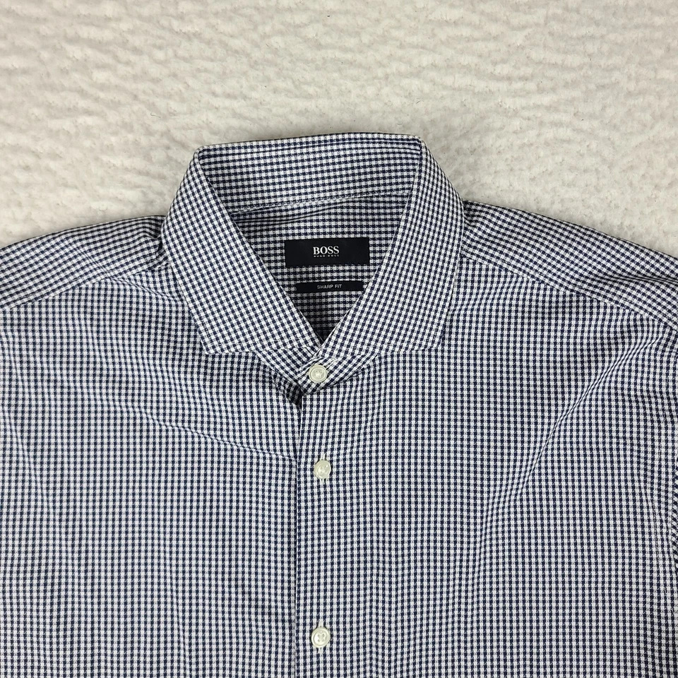 Camisa de vestir Hugo Boss para hombre 16 34/35 azul marino cuadros geométricos ajuste nítido con botones Foto 3 de 4