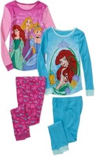 Disney Princess Rapunzel Ariel Girl 4 PC Long Sleeve Tight Fit Pajama Set Size 8