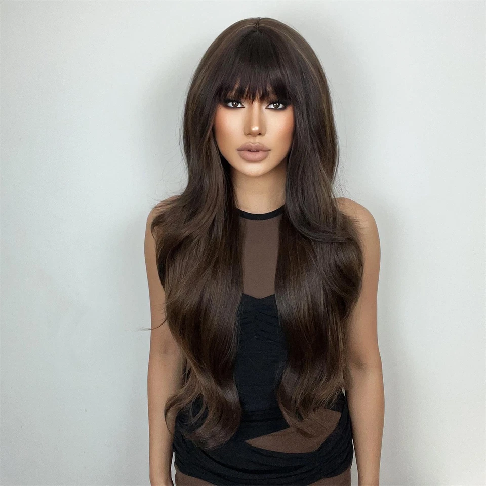 Peluca de vestir larga ondulada marrón oscuro cabello sintético resistente al calor con flequillo para mujer Foto 2 de 4