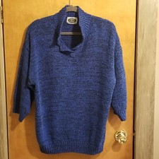 Vintage 80s Knit Sweater V Neck Womens 20W-40 Blue Black 3/4 Sleeve