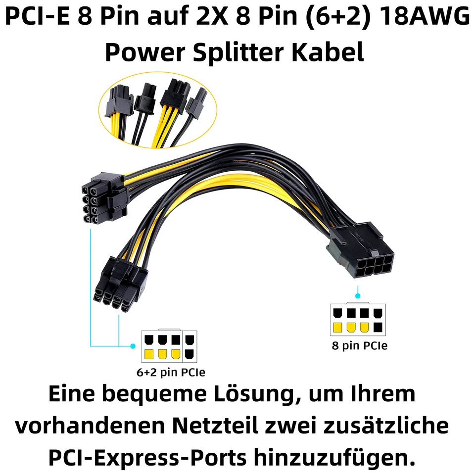 L28 8 pin PCIe auf 2x 8pin (6+2) Grafikkarte Stromkabel PCI-Express Adapter 25cm - Bild 2 von 4
