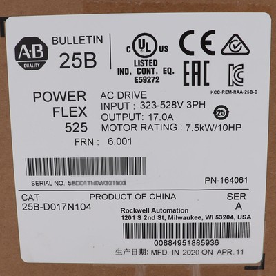 Allen-Bradley 25B-D017N104 PowerFlex 525 7.5kW 10Hp AC Drive Factory Sealed AB