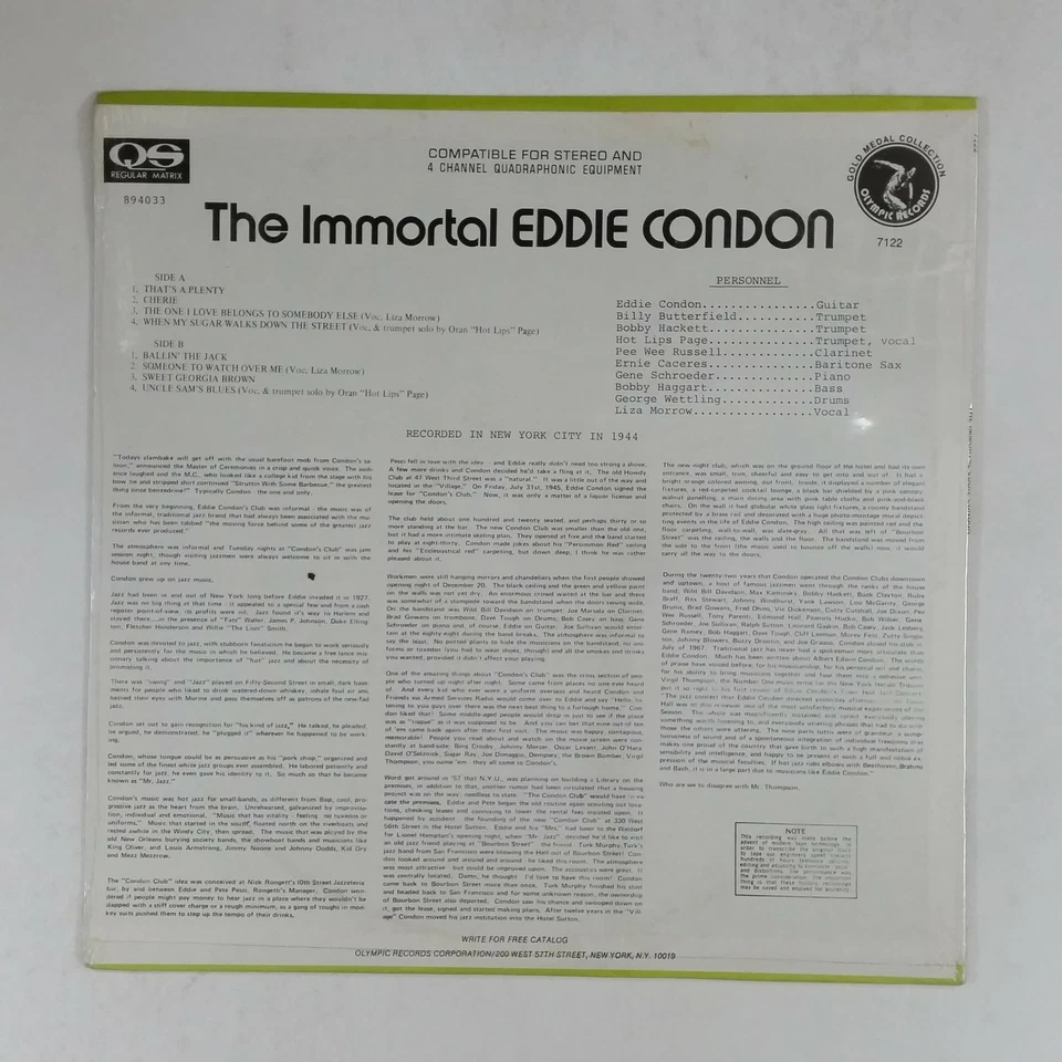 EDDIE CONDON The Immortal 7122 LP Vinyl SEALED Quadraphonic 1974 Jazz - Image 2 of 2