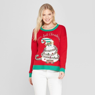 Women's Purrfect Christmas Cat Ugly Sweater - Juniors' 33 Degrees XS Red