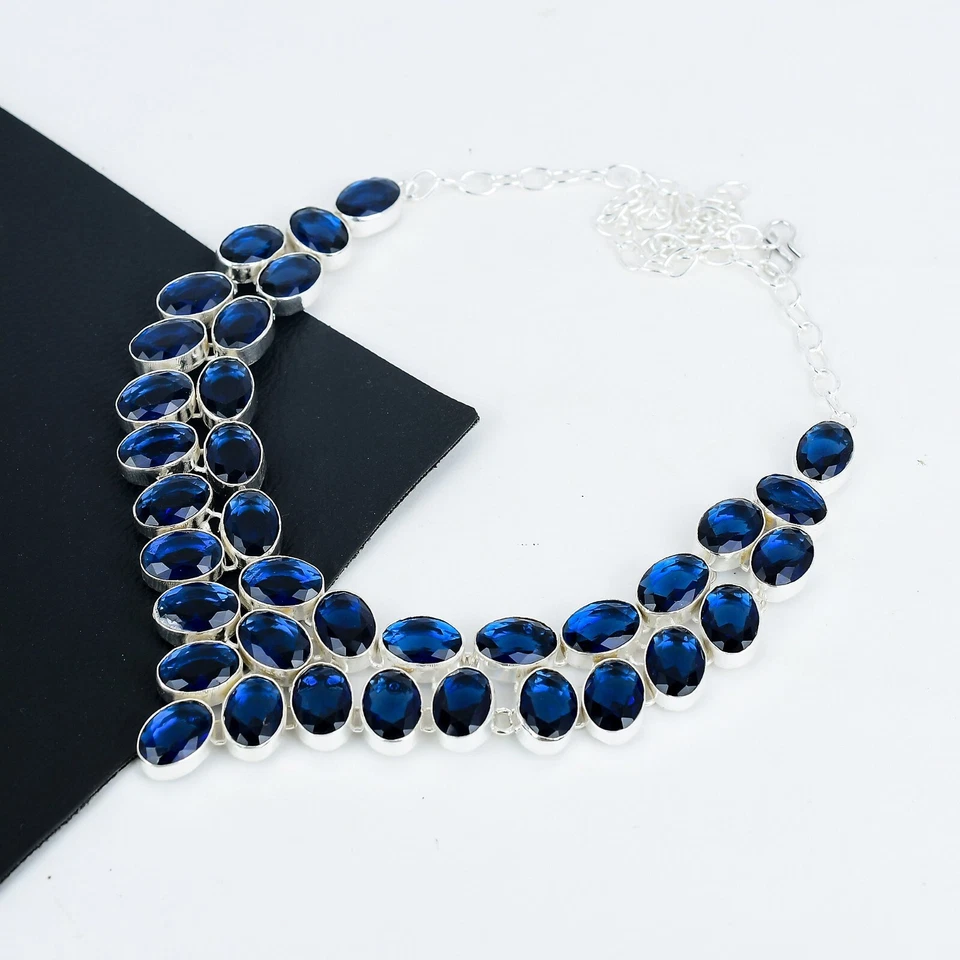 Collana In Argento Sterling 925 Con Gemma In Zaffiro Blu Creato In Laboratorio - Immagine 3 di 4