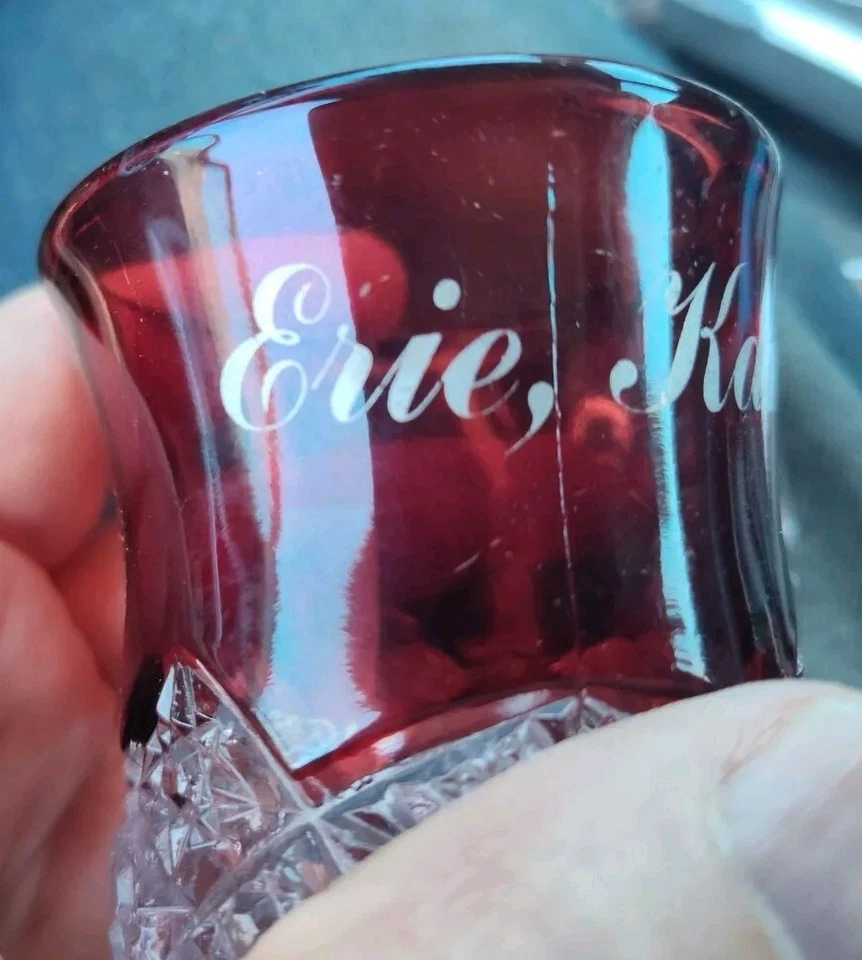 1900's RUBY RED Flash Glass NEAR CUT MUG / CUP - etched Souvenir ERIE KANSAS - Image 2 of 4