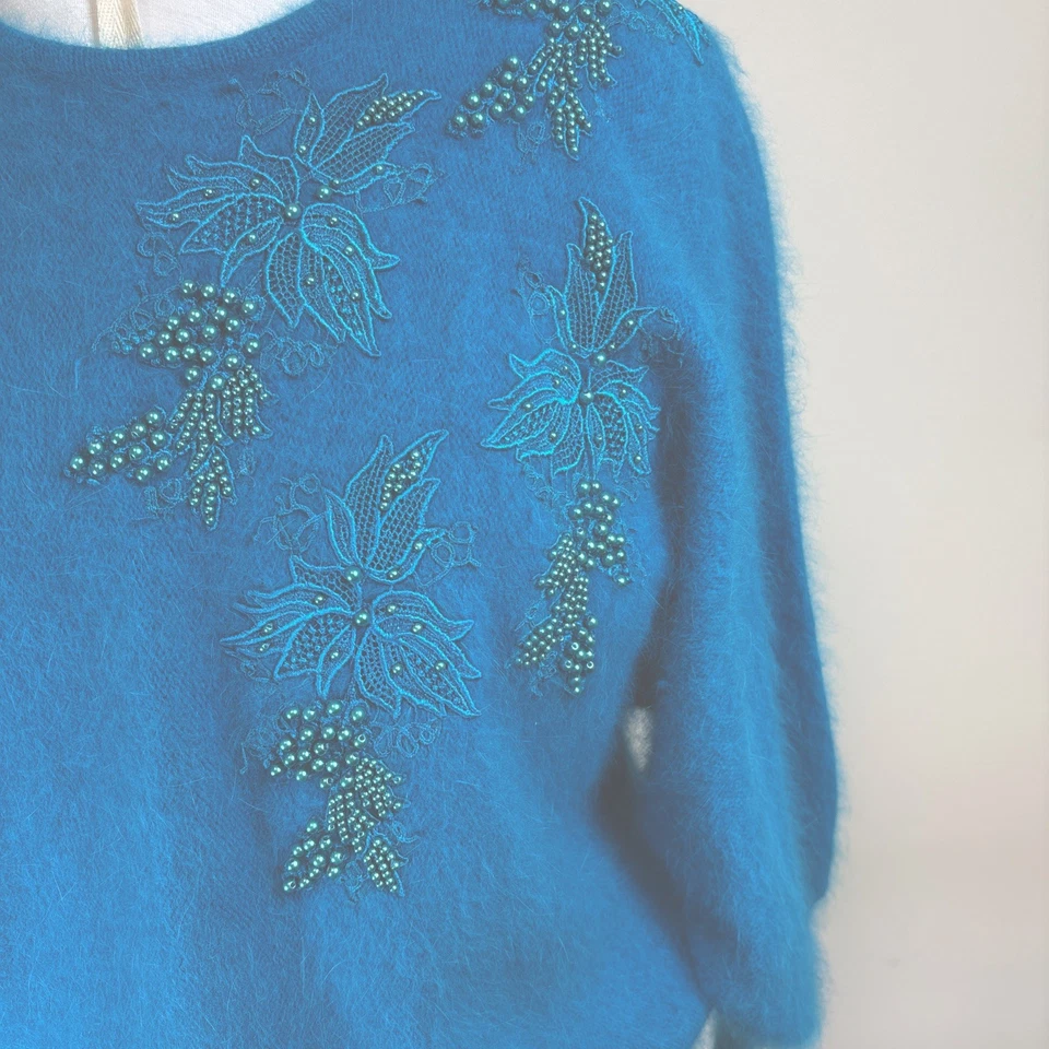 Lord & Taylor 80s Angora Teal Beaded Floral Fuzzy Sweater M - Image 2 of 4