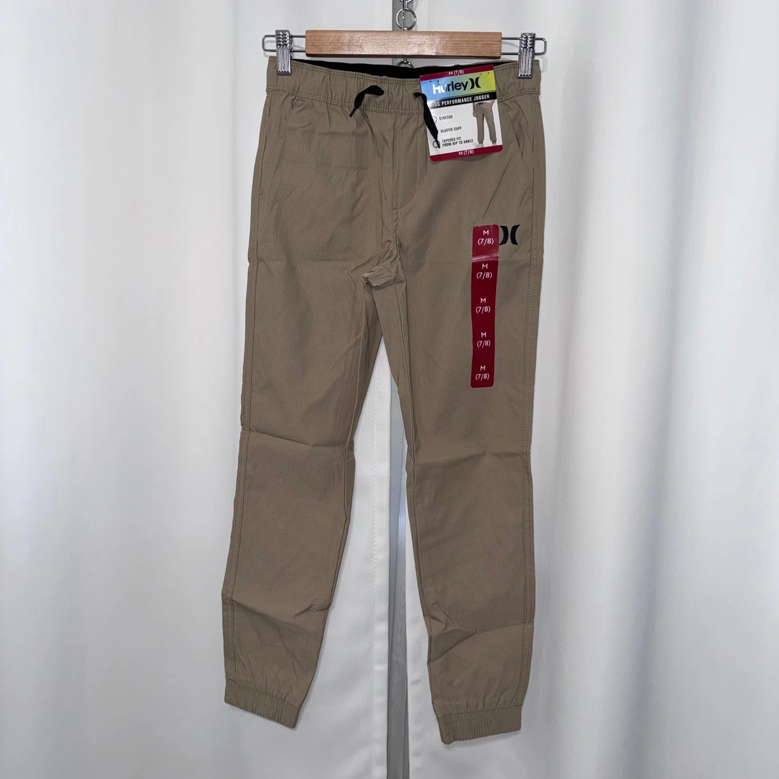 Hurley Kids Performance Jogger Pants Khaki Tan Stretch Tapered Size M 7/8 NEW