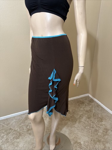 Women’s Brown Blue Polyester Casual Summer Stretch Slim Asymmetric Size M Skirt - Picture 14 of 20
