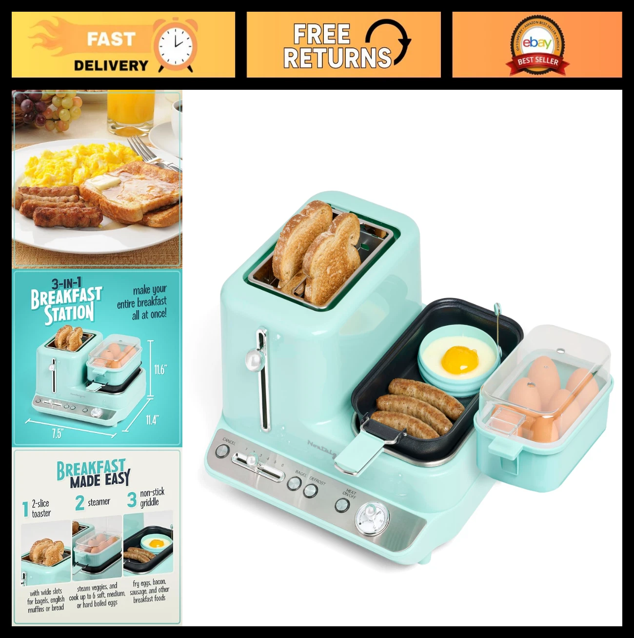 3-in-1 Retro Breakfast Station - Egg Steamer, Non-Stick Griddle & Toaster - Vers