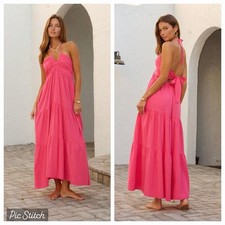 NWT Blanco By Nature 100% Cotton Carlotta Halter Maxi Dress Pockets Raspberry M