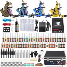 Complete Pro Tattoo Kit 4 Machines Digital Power Supply 54 Bottles Ink New