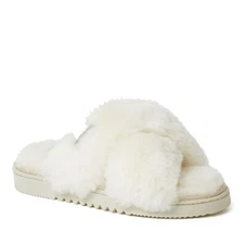 Fireside By Dearfoams Women's New Castle Genuine Shearling Cross Band Fuzzy