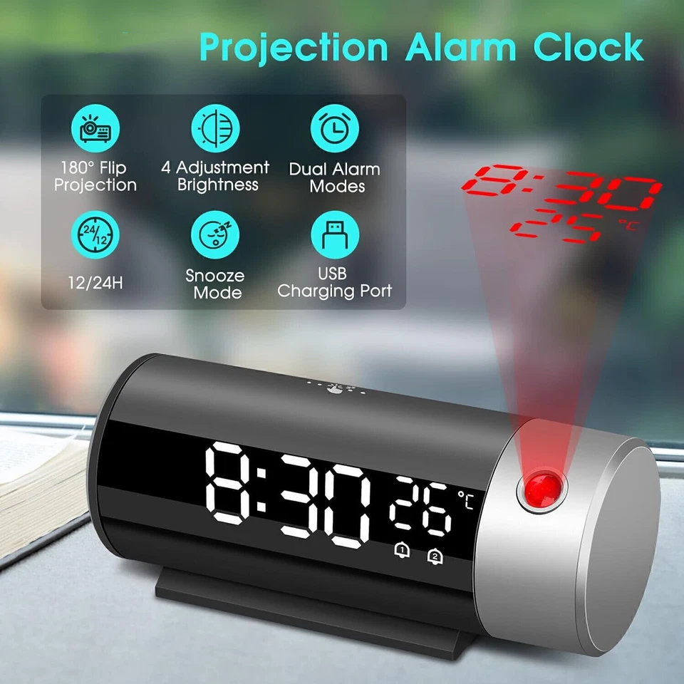 Smart LED Projection Alarm Clock LCD Display Temperature Time Projector - Image 2 of 4