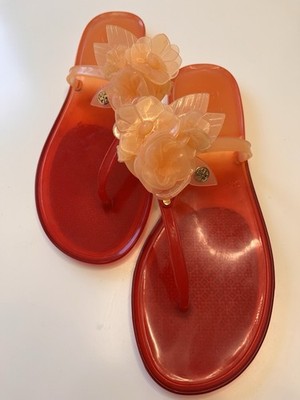 Tory Burch Flip Flops Sandaletten Gr. 40 rot-orange mit Rose   Neu Ungetragen