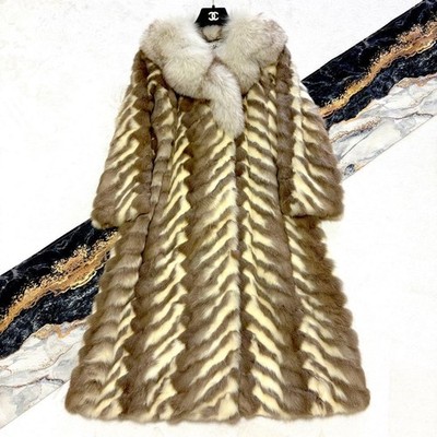 Maison de Luxe Fox Russian Squirrel Long Coat Ivory Brown 106cm From Japan