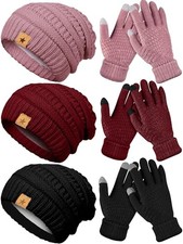 6 Pcs Women Winter Beanie Hat Gloves Set Warm One Size Black, Pink, Red