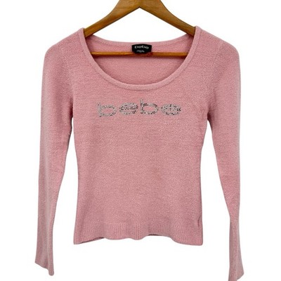 Bebe 2B Sweater Pink Fluffy Fuzzy Furry Rhinestone Gyaru 00s Y2K Sz M Slim