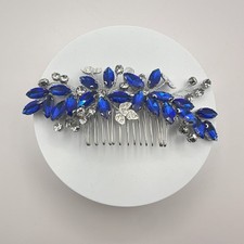 Vintage 80s Royal Blue Crystal Bridal Hair Comb Silver Tone Headpiece Jewelry