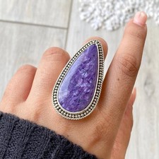 Handcrafted Charoite Gemstone Ring, Statement Ring. made In 925 Sterling Sil