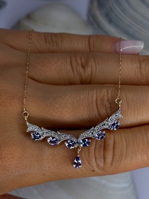 VJL 10K Gelbgold Tansanit & Diamant Halskette Länge 18 Zoll