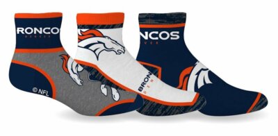 Denver Broncos Socks 3 Pack Quarter Length NFL Football Fits Men Shoe Sz 7-12