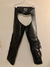 California Creations Black Leather Motorcycle Chaps Fringes Unisex Sz M USA MADE