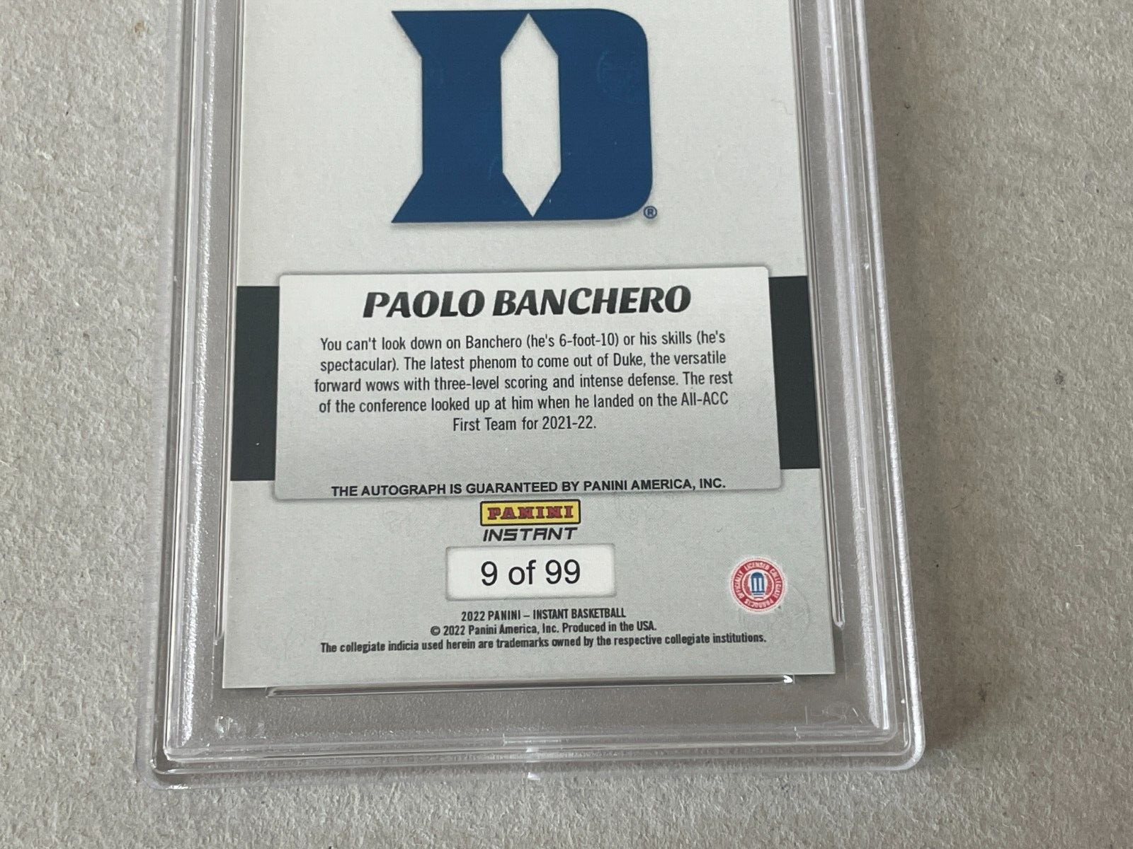 2022 Panini Instant DUKE Basketball PAOLO BANCHERO Signed AUTO Autograph PSA 9 view 6