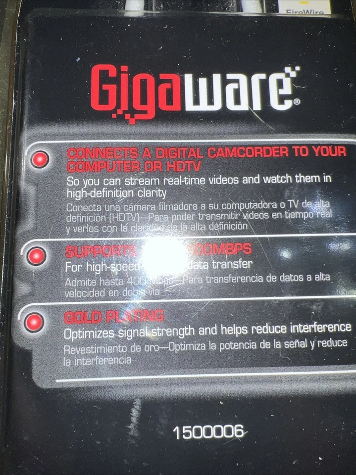 New Gigaware Gold Plated 6 ft 4 Pin to 4 Pin Firewire Cable P/N 1500006 - Image 3 of 4