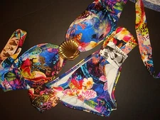 NWT Luli Fama S BIKINI gold SHELL jeweled LOCAS AVENTURAS sealife fish orchid