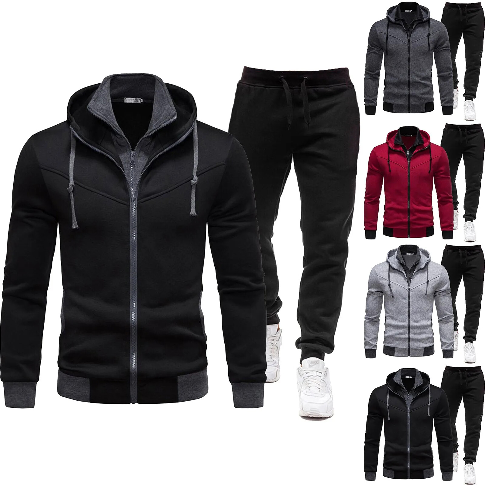 Conjunto de chándal informal con capucha y pantalones deportivos negros de gran tamaño para hombre