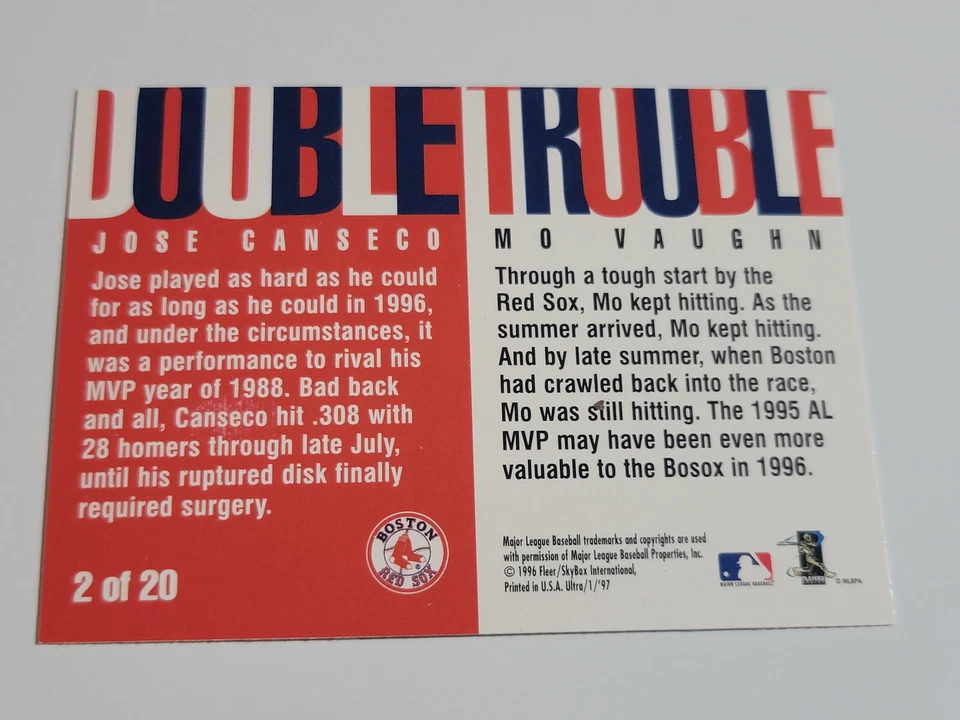 MO VAUGHN + JOSE CANSECO 1997 Fleer Ultra Double Trouble Insert #2 of 20.  BOSOX - Image 2 of 2