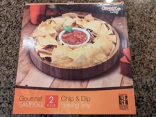 New 12" Chip & Dip Anti Microbial Bamboo Serving Tray W/Ceramic Bowl, Round