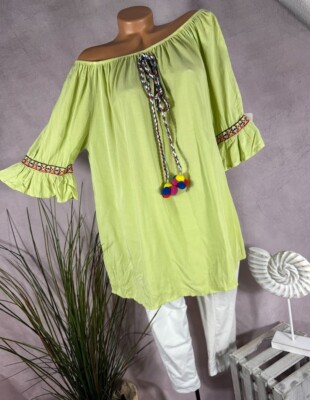 Italy Boho Ibiza  Alinie Tunika BLUSE Bommeln LIME 38 40 42