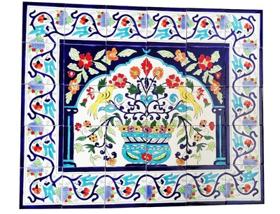 Fliesenbild 90x75 handbemalte Fliesen Bordüren Vögel Blumen