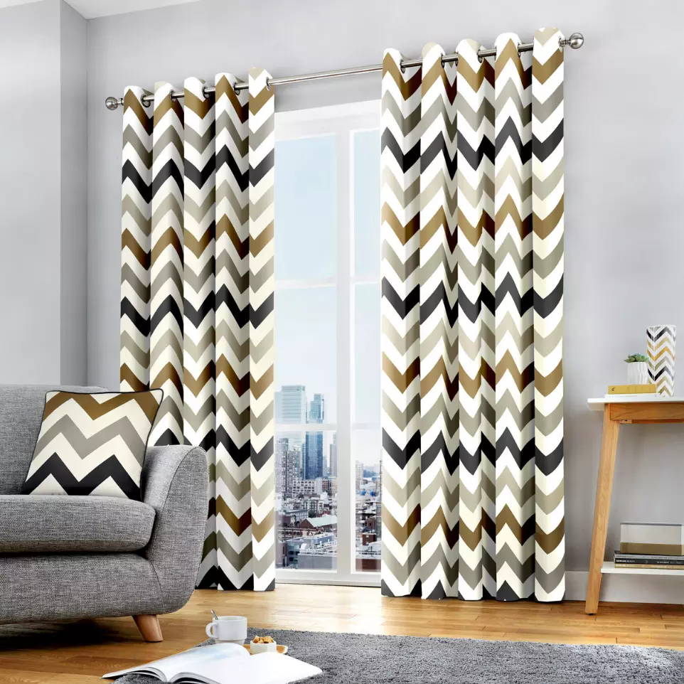 Fusion Chevron Zigzag Geometric Curtains Lined Eyelet Black Grey 168cmW x 228cmD