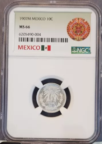 1907 MEXICO SILVER 10 CENTAVOS S10C NGC MS 66 SCARCE STELLAR LUSTER GEM BU