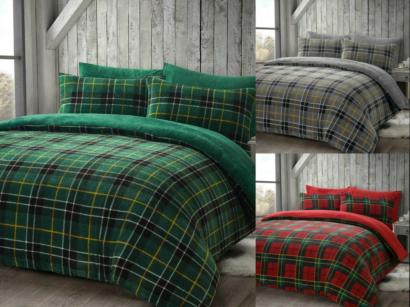 Teddy Fleece Tartan Check Duvet Cover Set Warm Teddy Bear Fleece
