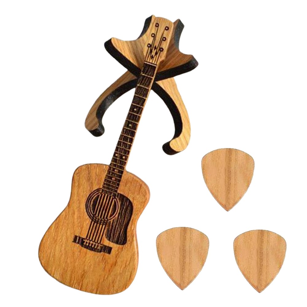 3pcs Acoustic Guitar Picks with Mini Wooden Guitar Shaped Guitar Picks Case