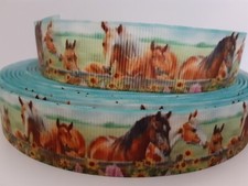 Grosgrain Ribbon Horses Ponies Colts Filly Equines Farm Fence Sunflowers 7/8"