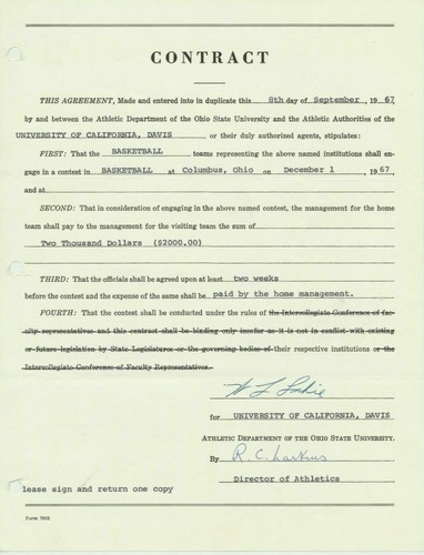 1967 WILLIAM "BILL" LAKIE UC Davis Basketball Contract OHIO STATE LARKIN SCARCE