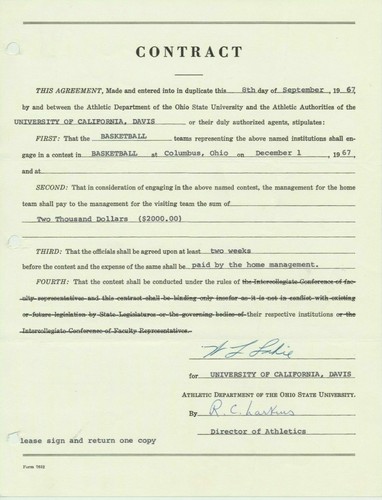 1967 WILLIAM "BILL" LAKIE UC Davis Basketball Contract OHIO STATE LARKIN SCARCE - Picture 1 of 1