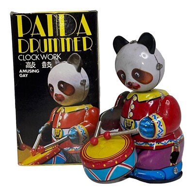 【縁起物】　叩く人形 Vintage Panda Drummer Bear Tin Wind-Up Metal Toy Clockwork Made In