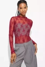 Women’s Long Sleeve Mock Turtleneck Lace Shirt Wild Fable Red Medium