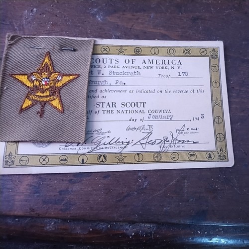 VTG 1943 STAR RANK Boy Scouts of America PATCH & CERTIFICATE CARD Award Badge Pa