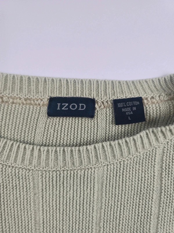 IZOD Vintage 90s Crew Neck Sweater Regular Fit Sage Green Rib Knit Cotton L 286 image 3