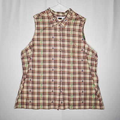 CST Sport Sleeveless Button Collar Top Women 4X Sailboat Plaid Palm Tree Coastal