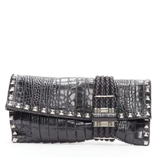 JIMMY CHOO Chandra black croc embossed studs woven magnet clasp clutch bag
