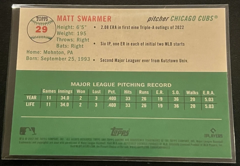 2023 Topps Chrome Platinum Matt Swarmer #29 Gold Parallel /50 Rookie RC Cubbies - Image 2 of 4