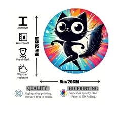 Dancing Black Cartoon Cat Design Round Aluminum Sign Home Bar Cafe